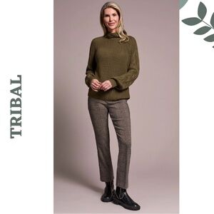 Tribal Olive Cable Knit Turtleneck Sweater Cotton Medium